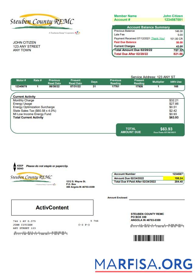 Blank USA Steuben Country REMC utility bill template in Word and PDF format